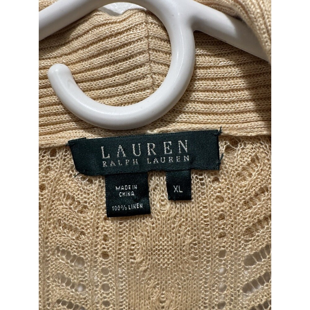 Ralph Lauren Tan Crochet Linen Cardigan Women’s Size XL Ruffle Hem Fairy - Picture 5 of 10